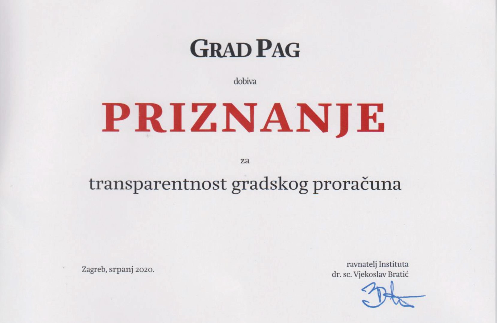 Grad Pag osvojio vrijedno priznanje za transparentnost proračuna